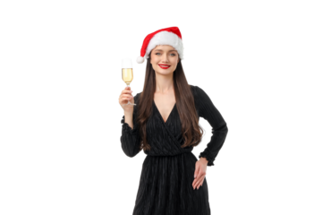 Woman in a black dress holding champagne glass, isolated, PNG