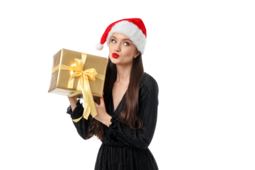 Woman in Santa hat holds gold gift box