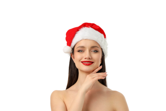 Cheerful woman in a red and white Santa hat, isolated, PNG - Powered by Adobe