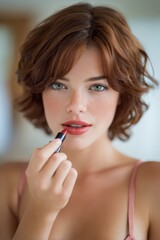 A young woman with short brown hair and green eyes applies red lipstick, creating a fresh, confident mood in a softly lit, natural setting, ideal for beauty or fashion use.