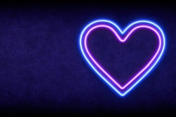 A vibrant neon heart glows with purple and blue hues on a dark textured background, creating a modern romantic mood ideal for love-themed designs and celebrations.