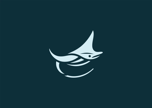 A geometric simple stingray logo with smooth triangular wings and flowing minimal lines, symbolizing grace, fluidity, and calm underwater motion
