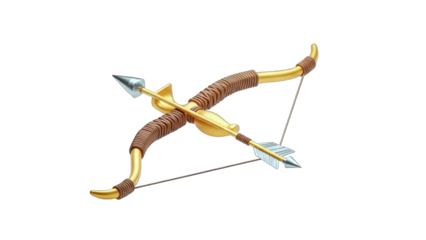 Golden Bow and Arrow Aiming on White Background