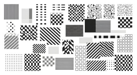 Minimalist Black and White Geometric Pattern Collection: Stripes, Checkerboards, Dots, and Abstract Shapes for Graphic Design.