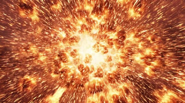 Dynamic Fiery Explosion in Deep Space with Blazing Hot Embers Flying Towards the Camera.