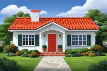 A picturesque small house with a vibrant red tiled roof, green shutters, and a beautifully landscaped front garden under a bright blue sky, evoking a welcoming and cheerful atmosphere.