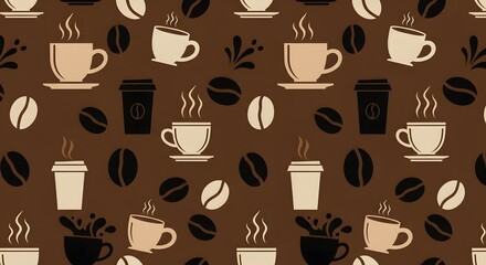 Seamless Coffee Pattern Background with Mugs, Steaming Cups, Beans, and Takeout Icons in Warm Earth Tones for Cafe Design