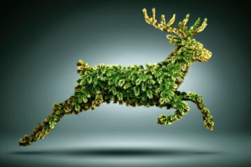 A creative illustration of a reindeer formed from lush pine needles, leaping energetically, evoking a festive and imaginative mood on a smooth gradient backdrop.