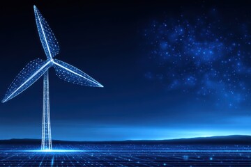 A glowing digital wind turbine stands on a grid landscape under a starry night sky, symbolizing innovation, clean energy, and sustainable technology in a futuristic blue style.