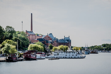 Stockholm Sweden panoramic view downtown and Gamla Stan Old Town over calm water