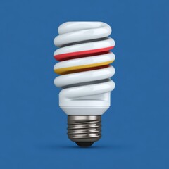 A stylish spiral compact fluorescent light bulb featuring red and yellow highlights, presented on a vibrant blue background, ideal for creative energy and innovation concepts.