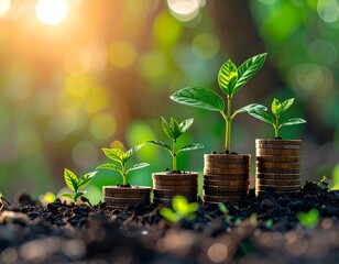 Young plants sprout from stacks of coins in a blurred, natural setting