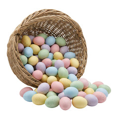 Wicker basket spilling colorful pastel Easter eggs