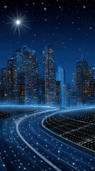 A vibrant, futuristic city skyline illuminated by a glowing digital highway and star-filled night sky, ideal for technology, innovation, and smart city concepts.