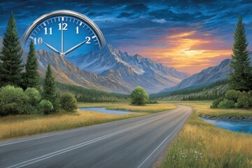 A surreal landscape painting features a winding road through mountains at sunset, with a giant blue clock blending into the sky, symbolizing time and travel.