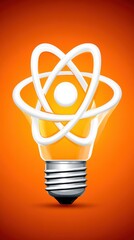 A modern, stylized light bulb featuring an atomic symbol, representing innovation, science, and creativity, set against a bright orange gradient background.