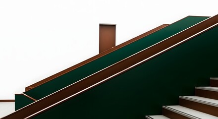 Striking Minimalist Architecture: Staircase with Emerald Green Balustrade and Brown Accents on White Background
