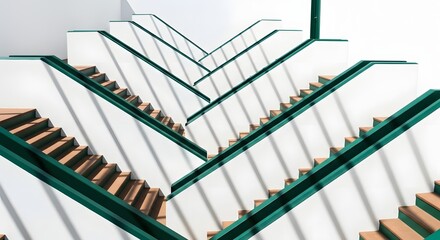 High Angle View of Modern Architectural Stairs with Bold Green Railings, Creating a Striking Zigzag Pattern and Linear Shadows