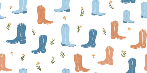 Whimsical seamless pattern of cowboy boots decorated with floral embroidery and wildflowers in soft pastel blue, orange, and beige.