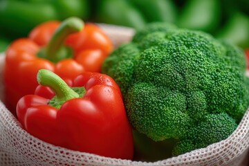 Vibrant red bell peppers and green broccoli sit in a reusable mesh bag, showcasing healthy, fresh produce in a bright, close-up style perfect for nutrition or eco-friendly themes.
