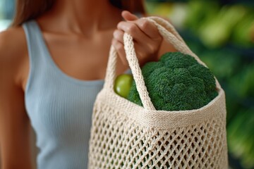 A young woman in a light blue tank top carries a reusable mesh bag filled with broccoli and a green apple, promoting a healthy lifestyle and sustainability in a vibrant, natural setting.