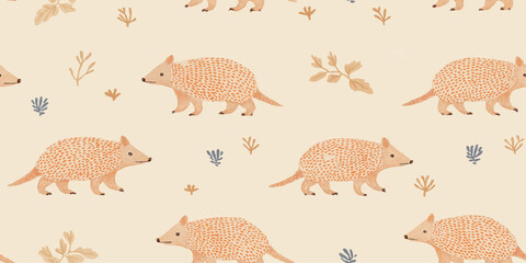 Naklejka premium ute seamless pattern of watercolor armadillos with textured spotted shells and small leaves on a soft neutral background for children's design.
