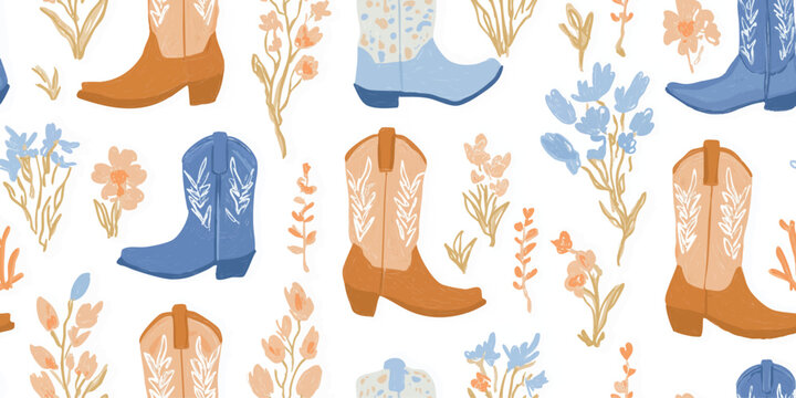 Whimsical seamless pattern of cowboy boots decorated with floral embroidery and wildflowers in soft pastel blue, orange, and beige.