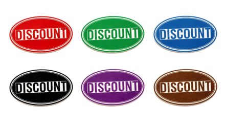 Collection of six oval sale stickers featuring the word "Discount" in various bright colors on a transparent background