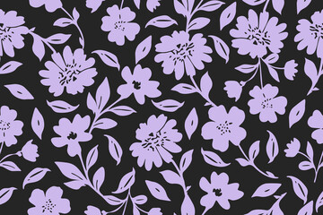 Lavender floral silhouettes with delicate leaves set against a deep charcoal background, forming a bold yet elegant seamless botanical pattern ideal for fabric, wallpaper, and modern decor.