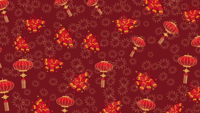 Seamless looping Chinese New Year pattern animation with red lanterns, fireworks and firecrackers background. Ideal for festive motion graphics, video background and holiday scenes.