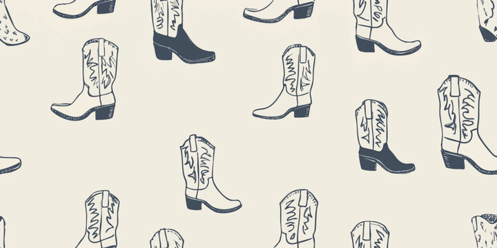 Trendy sketch cowgirl boots seamless pattern for fashion fabrics, packaging, and western-themed branding