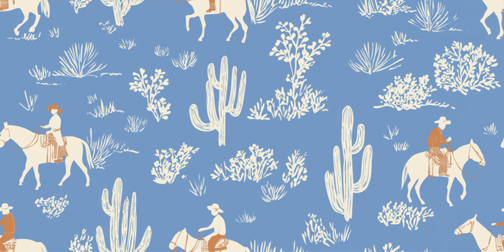 Monochrome wild west cowboy riding horse and cactus seamless pattern for bold fabrics, wallpapers, and rustic home decor