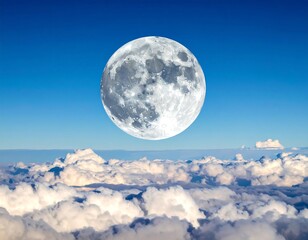 Large moon floating above puffy white clouds under blue sky