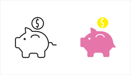 Piggy bank, linear style icon. Piggy bank with a coin being inserted. Editable stroke width.