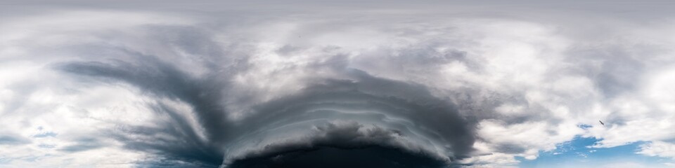 Fototapeta premium Dark moody rain storm clouds in overcast sky. Seamless 360 HDR spherical panorama. Full zenith or sky dome in 3D environment, sky replacement for aerial drone panoramas. Climate and weather change