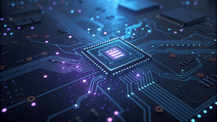 Closeup of a glowing central processing unit cpu on a futuristic dark circuit board with blue and purple light trails, representing artificial intelligence and technology