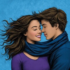 Illustration of a loving young couple sharing a cozy blue scarf, smiling with closed eyes, expressing warmth and romance on a textured blue backdrop.