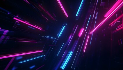 A futuristic abstract background with neon pink and blue glowing light lines creating a dynamic perspective.