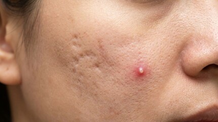 Close up of human skin showing a red pimple and visible acne scars on the cheek.