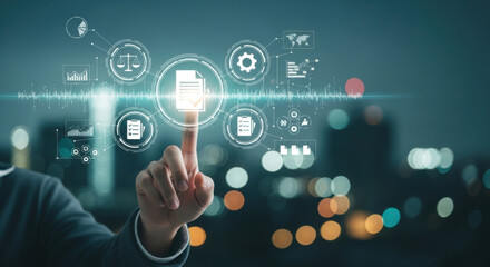 A person's finger touches a digital document icon on a touchscreen, set against a blurry cityscape background. The image conveys compliance, technology, and modern management practices.