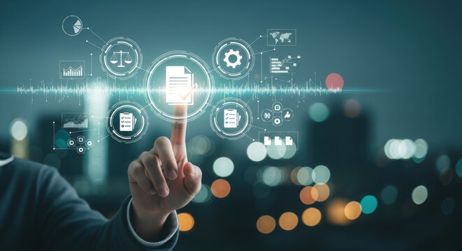 A person's finger touches a digital document icon on a touchscreen, set against a blurry cityscape background. The image conveys compliance, technology, and modern management practices. - Powered by Adobe