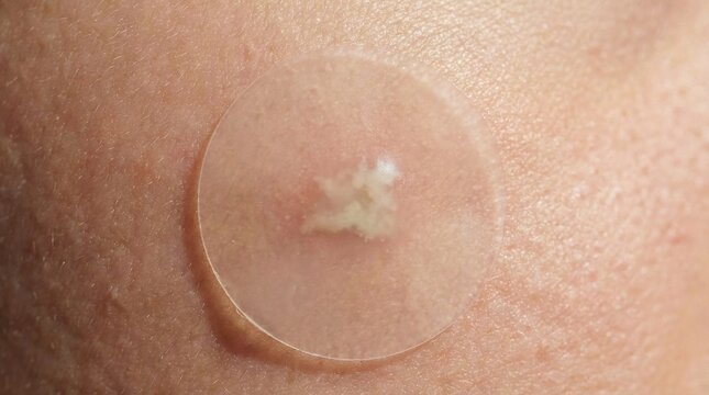 Closeup of a hydrocolloid pimple patch on skin showing its effectiveness in absorbing impurities and promoting healing.