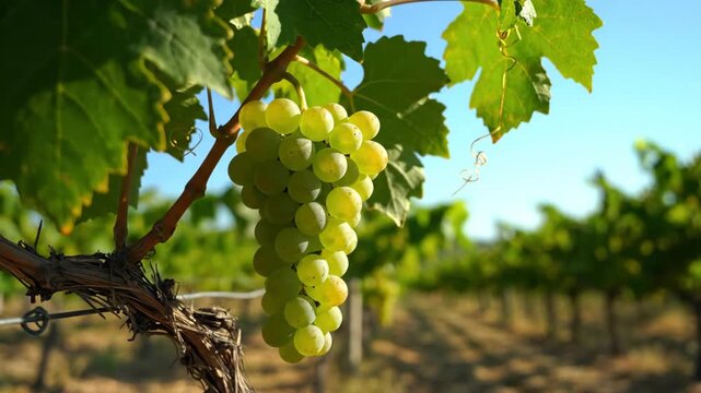 Green grapes on vine in vineyard on a sunny day in the countryside