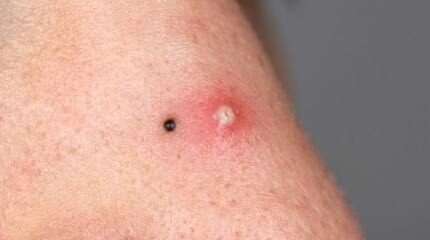 Fototapeta premium Closeup of a skin lesion with a blackhead and a whitehead indicating a skin condition or infection.