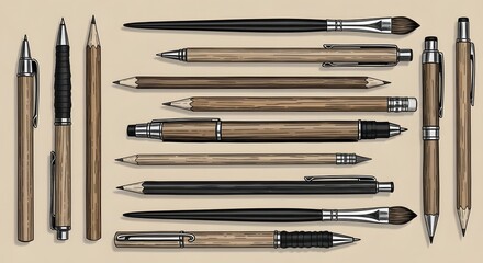 Hand-Drawn Vector Illustration of Assorted Wooden Stationery, Pencils, Pens, and Artist Brushes Arranged in a Creative Flat Lay