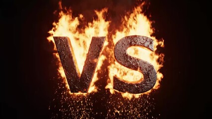 Fiery Versus Graphic - A dynamic video features the letters "V" and "S" in a weathered, metallic texture, boldly displayed against a backdrop of intense flames.