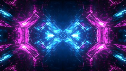 A symmetrical neon abstract design featuring vibrant pink and blue colors on a dark background