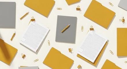 Seamless Flat Lay Office Supplies Background: Mustard Yellow Folders, Lined Documents, Pencils, and Gold Stationery Clips