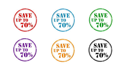 Collection of six distressed circular sale stamps displaying discount values up to seventy percent on a transparent background
