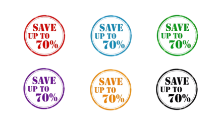 Collection of six distressed circular sale stamps displaying discount values up to seventy percent on a transparent background